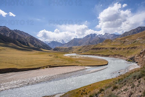 Mountain valley and river in the Tien Shan, Engilchek Valley, Kyrgyzstan, Issyk Kul, Kyrgyzstan,