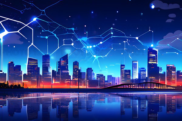 Ai generated conceptual illustration of a neuronal network with city skyline in the background in