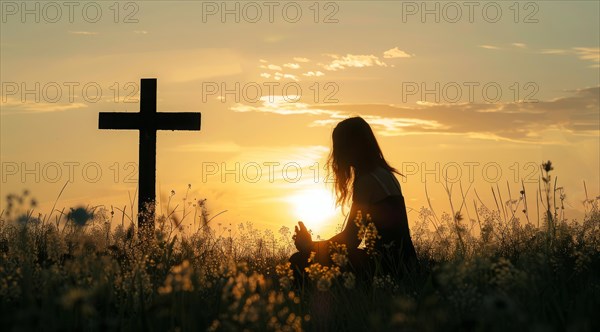 Devout faithful christian prays in front of the cross at a dramatic sunset with beautiful skies, AI