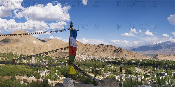 Panorama over Leh and the Namgyal Tsemo Gompa monastery on Tsenmo Hill, a viewpoint over Leh,