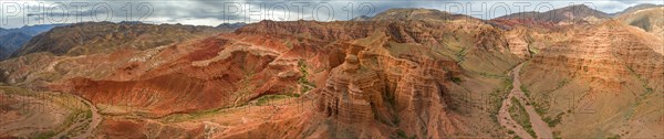 Panorama, gorge with eroded red sandstone rocks, Konorchek Canyon, Boom Gorge, aerial view,