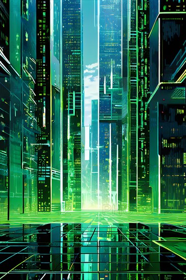 AI generated illustration of a cityscape with skyscrapers and holographic elements in grey and