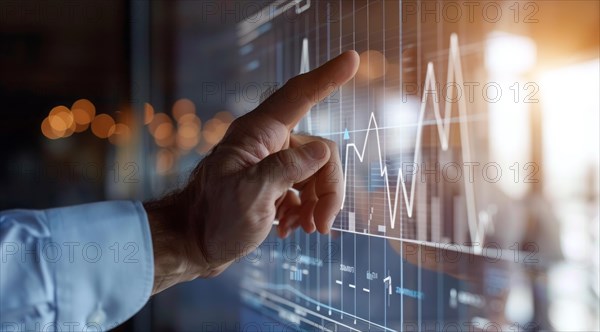 A man is pointing at a graph on a transparent screen showing market and economy trends, AI