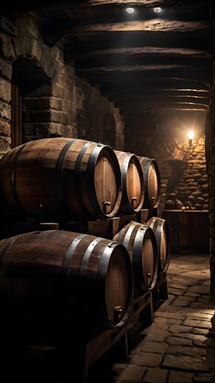 AI generated rustic wine cellar filled with wooden oak barrels