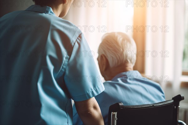 Back view of nurse taking care of elderly person in wheelchair. KI generiert, generiert, AI