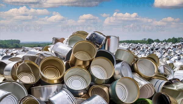Symbol photo, waste, a large quantity of empty open tinplate cans on a heap, AI generated, AI