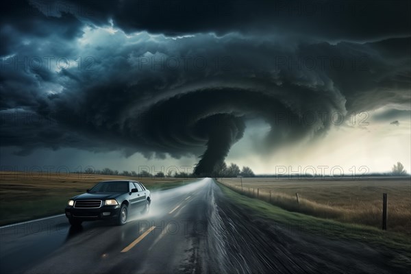 Disaster catastrophe storm concept, tornado in a field in the USA with car on road escaping tornado