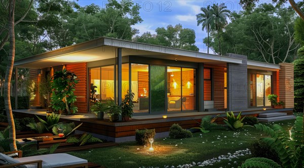 A large private house villa with a pool and a garden. Modern architecture with bright big