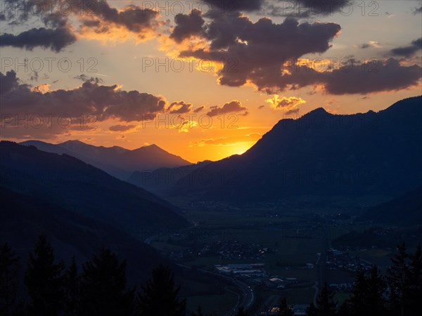 Sunset over the Liesingtal, in the evening light the village of Traboch, Schoberpass federal road,