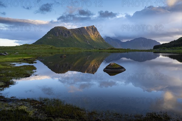 Landscape on the Lofoten Islands. The mountain Offersoykammen and the Beech Vagspollen. Mount