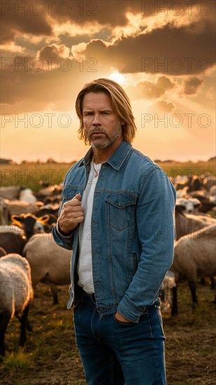Man in denim jacket standing in front of sheep with a sunset background, AI generated