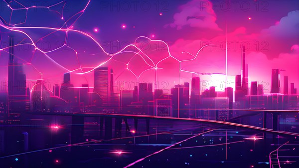 Ai generated conceptual illustration of a neuronal network with city skyline in the background in
