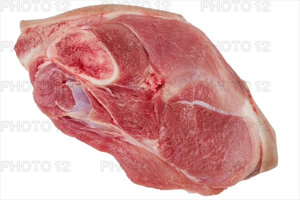 Top view of raw pork leg joint isolated on white background