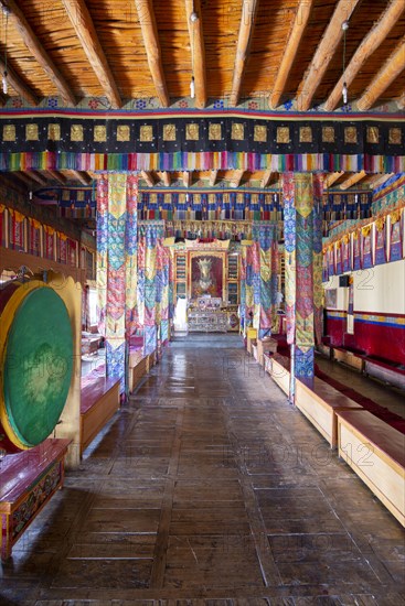 Dukhang, prayer and meeting room, Diskit Monastery, near Hunder, Nubra Valley, Ladakh, Jammu and