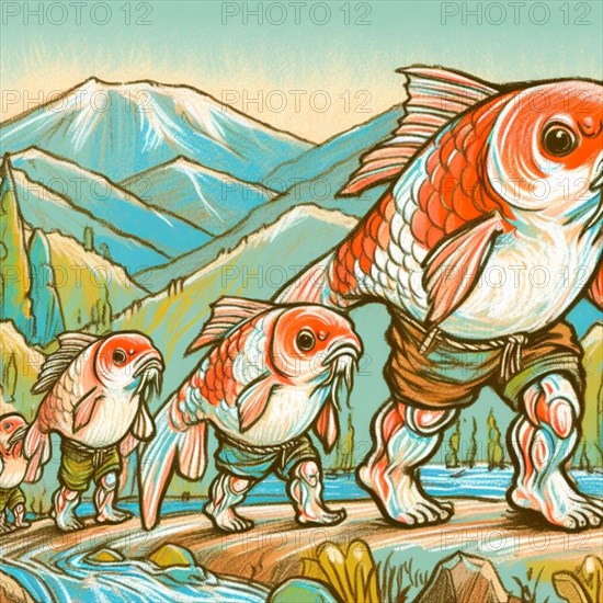 Whimsical illustration depicting fish with legs walking through a colorful, mountainous terrain,