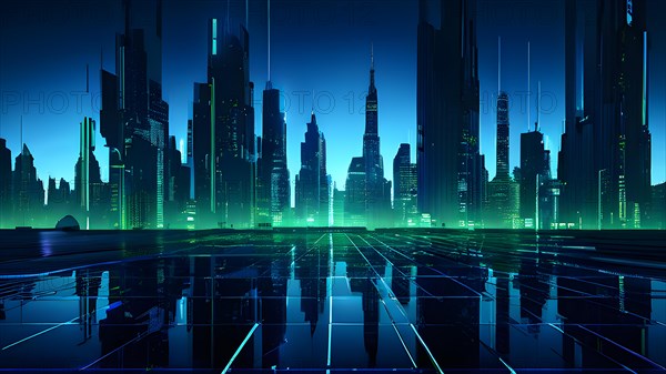 AI generated illustration of a cityscape with skyscrapers and holographic elements in blue and