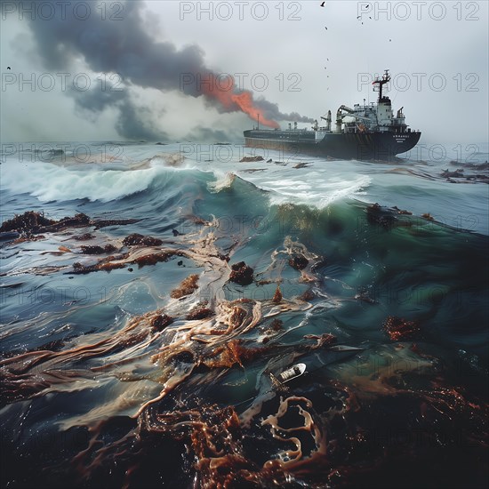 A damaged ship leaks oil in rough seas, smoke rises, oil spill, environmental disaster, AI