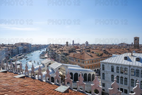 View from the roof of the Fondaco dei Tedeschi, boats on the Grand Canal, Venice, Veneto, Italy,