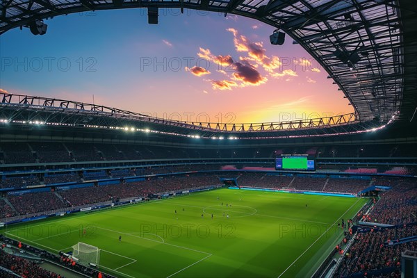 A soccer field with a large crowd of people spectators fans watching the game on sunset. The