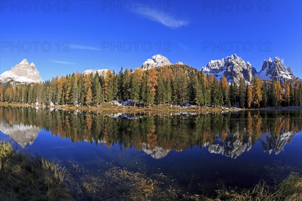A panoramic picture of a mountain lake, surrounded by forests in autumn dress with a clear