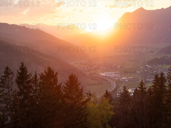 Sunset over the Liesingtal, in the evening light the village of Traboch, Schoberpass federal road,