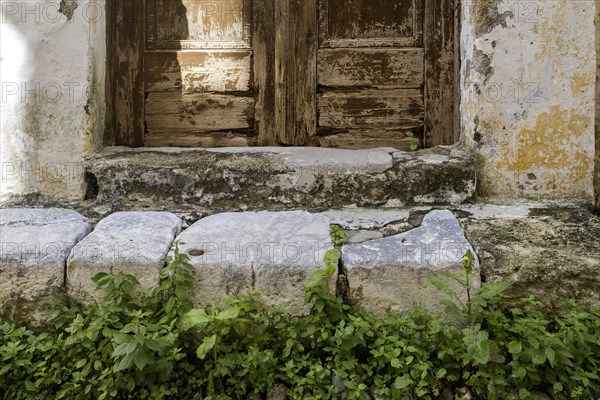 Old wooden door with step