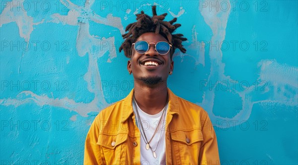 Black young positive man with dreadlocks is smiling and standing in front of the building wall.