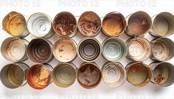Symbol photo, many empty tin cans, partly crushed, rusty, dirty, on a white background, AI