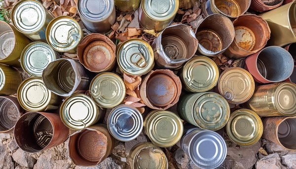 Symbol photo, many empty tin cans, partly crushed, rusty, dirty, lying in the landscape, AI