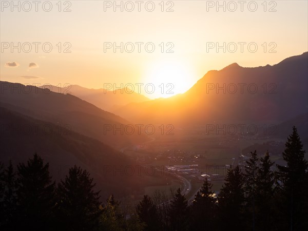 Sunset over the Liesingtal, in the evening light the village of Traboch, Schoberpass federal road,