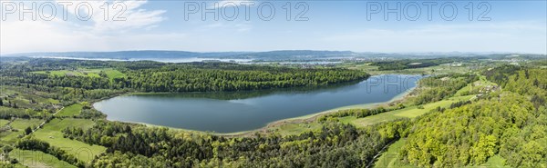 Aerial view of Lake Mindelsee, a glacier tongue lake on the Bodanrueck, on the horizon on the far