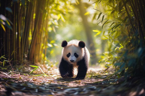 Cute panda cub in a lush bamboo grove, The image showcases the beauty and serenity of nature and