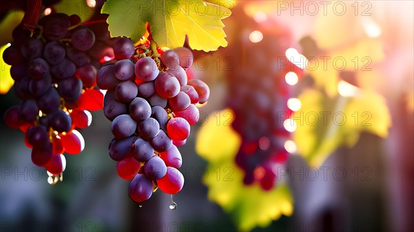 AI generated ripe grapes clinging to a vine sunlight dancing through the leaves accentuating their
