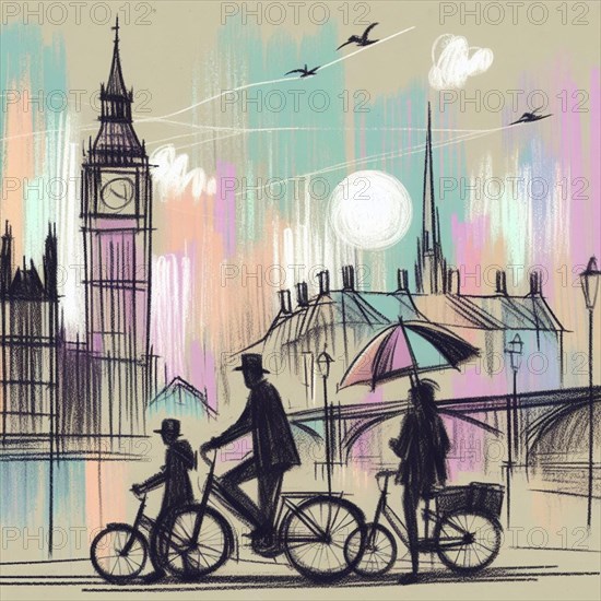 Stylized depiction of a family cycling in London with Big Ben in the background at sunset, AI