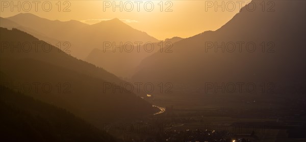Evening light at sunset over the Liesingtal, in the evening light the village of Traboch,