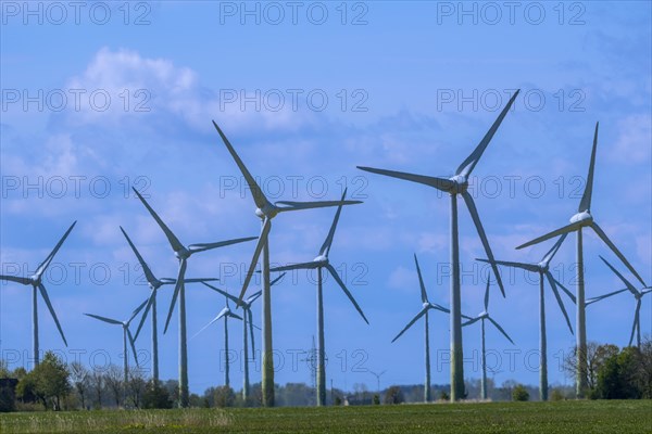 Wind turbines in the Luetetsburg wind farm on the North Sea coast, Hagermarsch, East Frisia, Lower