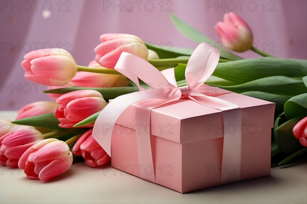 Gift Box with Pink Ribbon Beside bouquet of Fresh Tulips on Bokeh Background. Good for Valentine