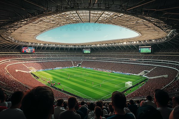 A soccer field with a large crowd of people spectators fans watching the game view. The stadium is