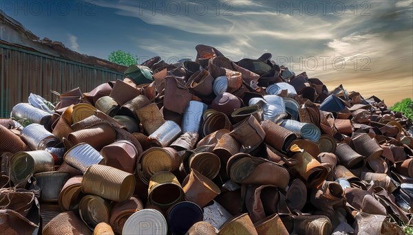 Symbol photo, waste, a large quantity of empty open rusted tinplate cans on a heap, AI generated,