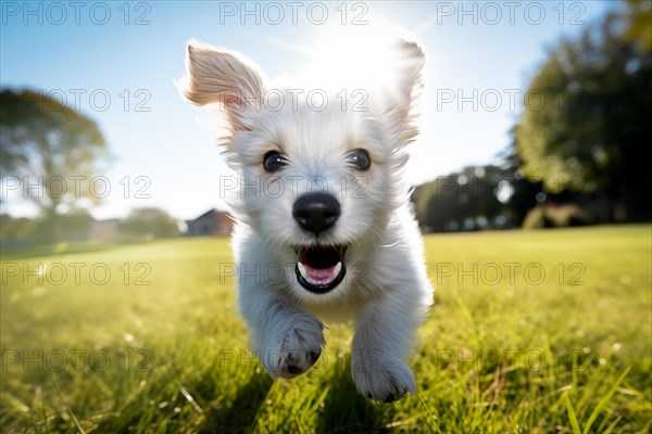 Playful white puppy with fluffy fur is captured mid-run, running playing enjoying a sunny day