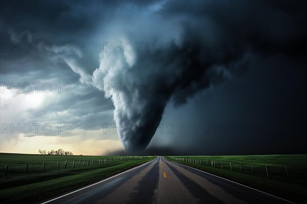 Disaster catastrophe storm concept, tornado in a field in the USA with road in field under stormy