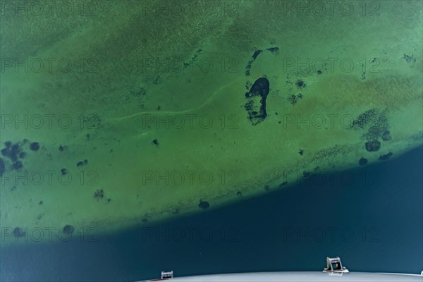 Zeppelin flight over Lake Constance, shore area with turquoise-coloured water, Friedrichshafen,
