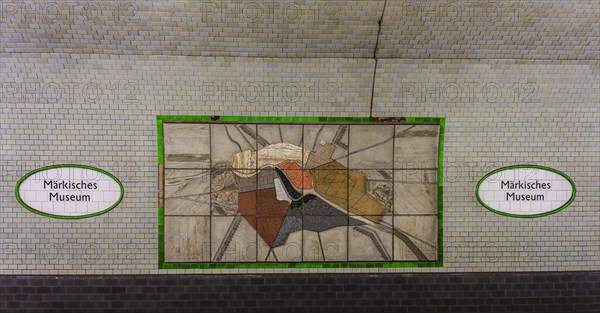 Interior photograph, wall mosaic, Maerkisches Museum underground station, Berlin, Germany, Europe