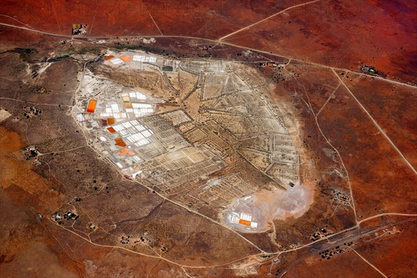 Aerial view, salt extraction, salt, salt garden, salt works, Karoo, North Cape, South Africa,