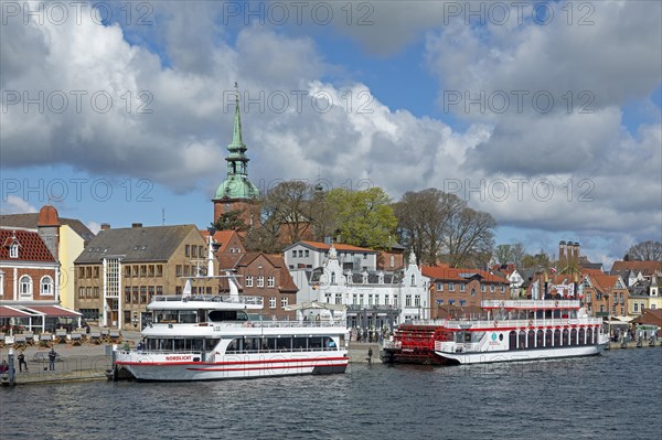 Church, building, excursion boats, clouds, harbour, Kappeln, Schlei, Schleswig-Holstein, Germany,