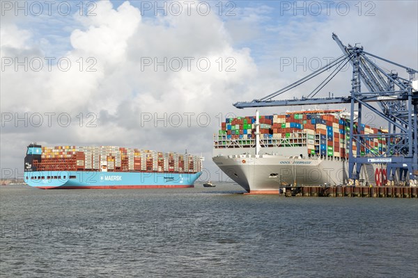 Ane Maersk container ship arriving at Port of Felixstowe, Suffolk, England, UK OOCL Zeebrugge at