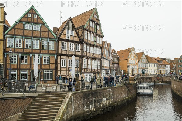 Half-timbered houses and restaurants in the old town, Buxtehude, Altes Land, Lower Saxony, Germany,