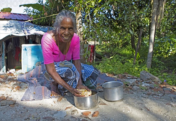Indian woman, 78 years old, squatting on the floor and washing cassava roots, Kavanattinkara,