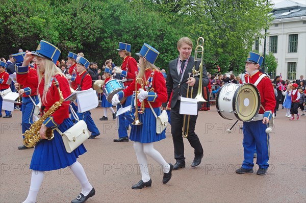 A marching band on the streets, folklore, bank holidays 17 May, Norwegian flag, Oslo, Norway,
