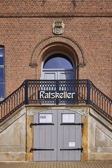 Entrance to the Ratskeller restaurant in the Old Town Hall in Husum, North Friesland district,